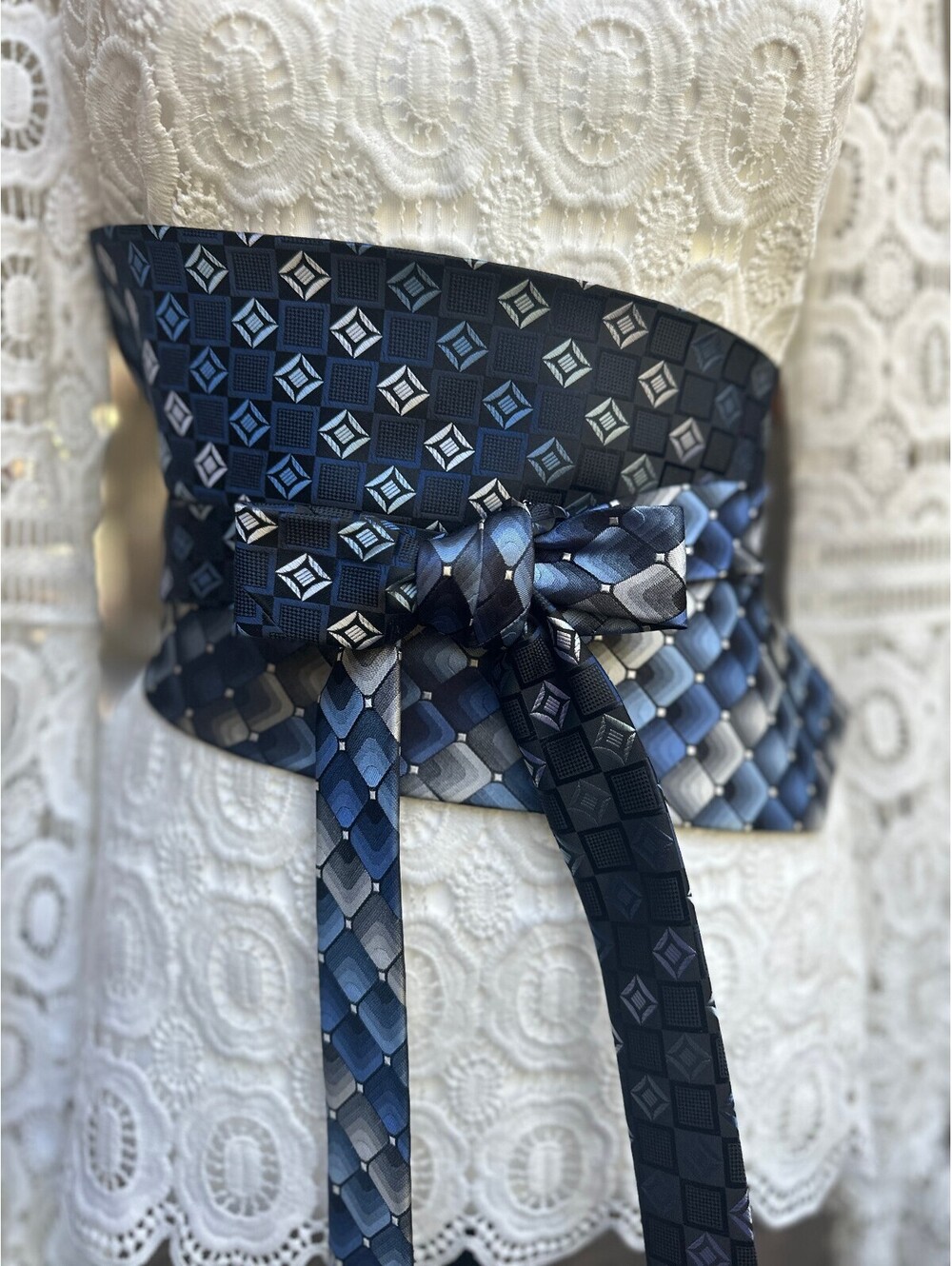 Upcycled Silk Obi Wrap Belt | Corset Waist Belt | OOAK | Blue Geometric Dream